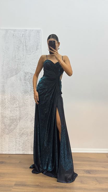 Petrol İp Askılı Abiye Elbise