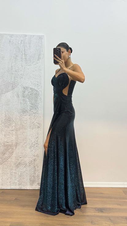 Petrol İp Askılı Abiye Elbise