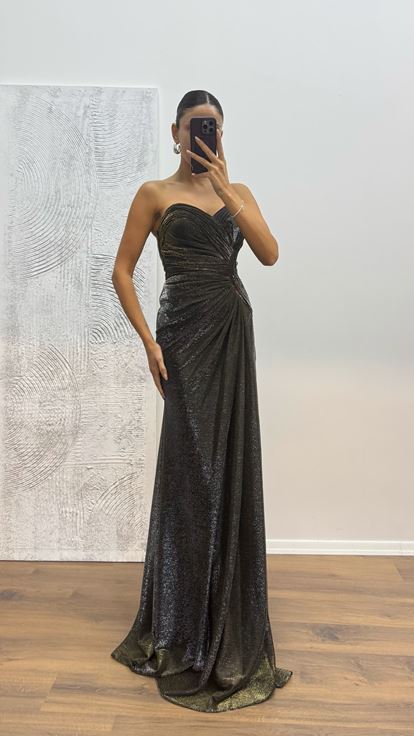 Siyah Gold İp Askılı Abiye Elbise