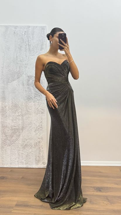 Siyah Gold İp Askılı Abiye Elbise