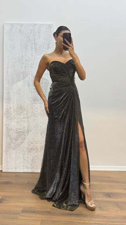 Siyah Gold İp Askılı Abiye Elbise