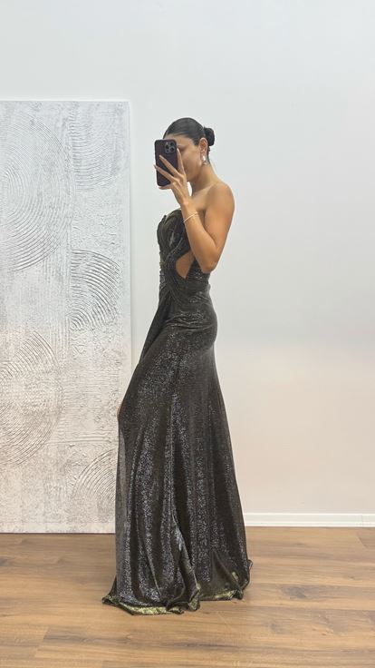 Siyah Gold İp Askılı Abiye Elbise