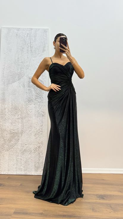 Yeşil İp Askılı Abiye Elbise