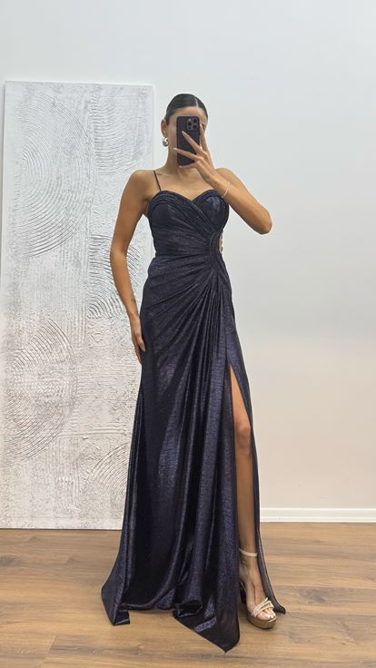 Lacivert İp Askılı Abiye Elbise