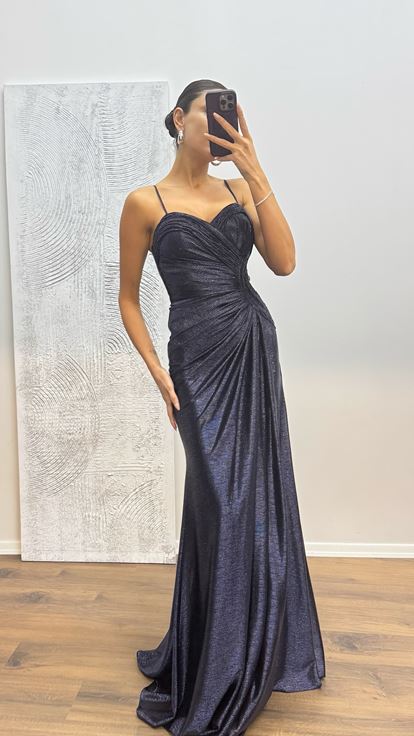 Lacivert İp Askılı Abiye Elbise