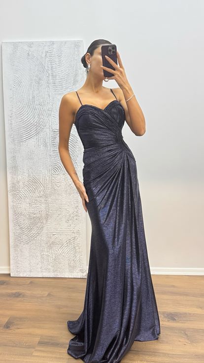 Lacivert İp Askılı Abiye Elbise