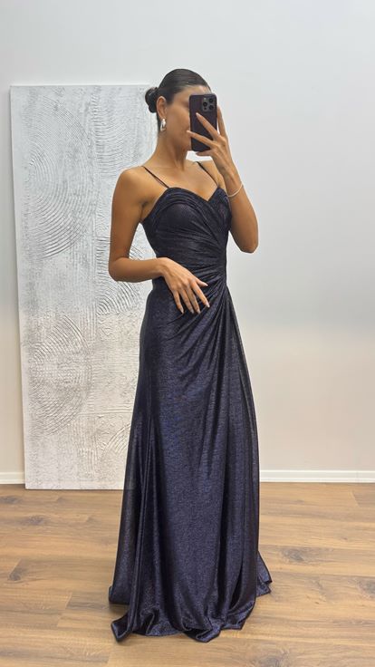 Lacivert İp Askılı Abiye Elbise