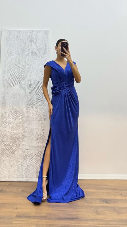 Abito da sera glitter con cinturino in sax