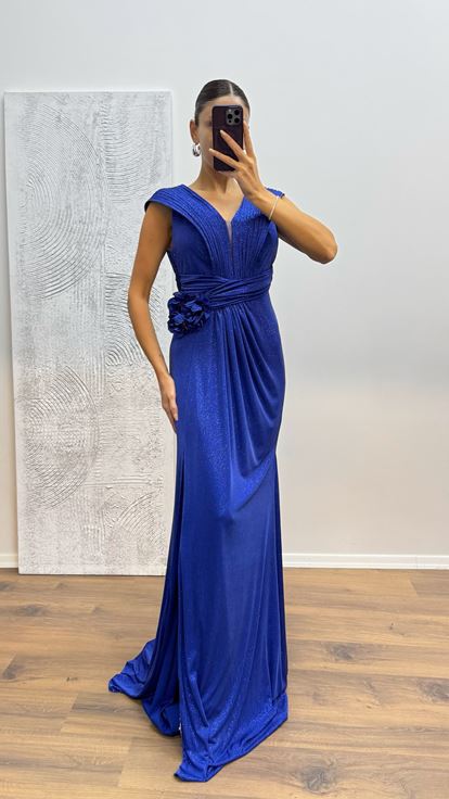 Abito da sera glitter con cinturino in sax