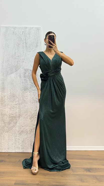 Abito da sera glitter con cinturino color smeraldo