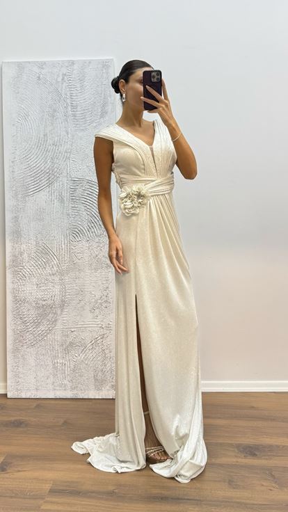 Abito da sera glitter con cinturino bianco