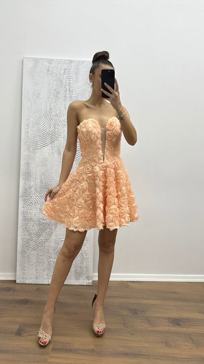 Somon Straplez Mini Çiçekli Elbise