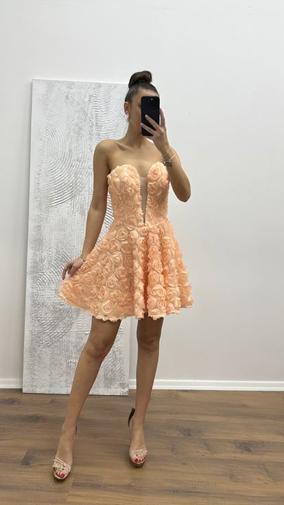 Somon Straplez Mini Çiçekli Elbise