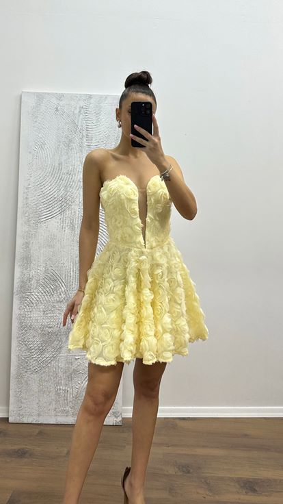 Ekru Straplez Mini Çiçekli Elbise