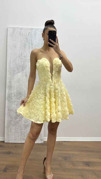 Ekru Straplez Mini Çiçekli Elbise