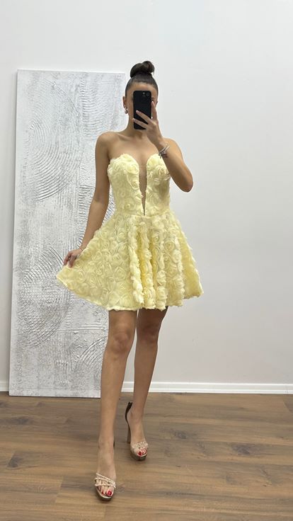 Ekru Straplez Mini Çiçekli Elbise