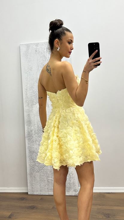 Ekru Straplez Mini Çiçekli Elbise