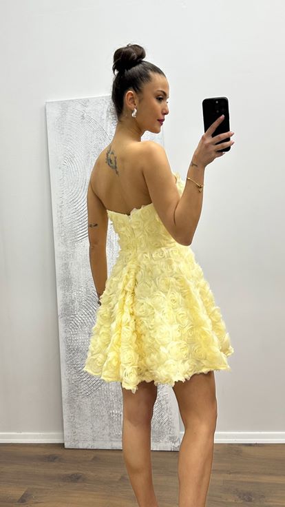 Ekru Straplez Mini Çiçekli Elbise