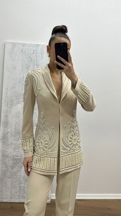 Bej İnci İşlemeli Abiye Takım