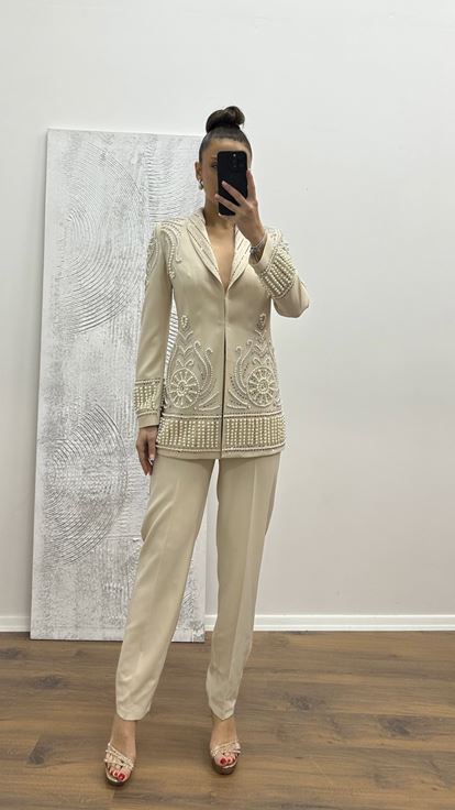 Bej İnci İşlemeli Abiye Takım