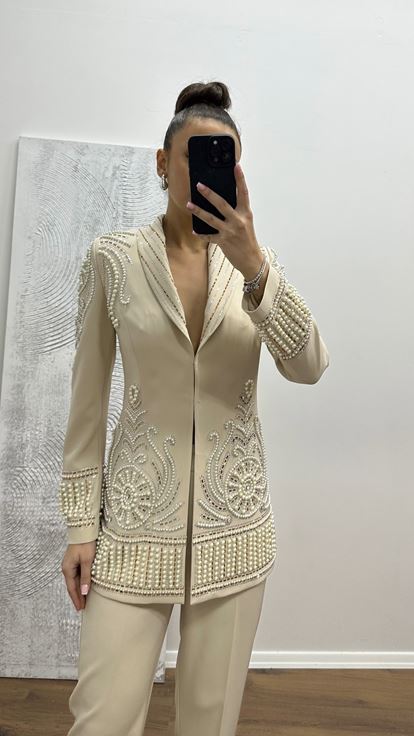Bej İnci İşlemeli Abiye Takım