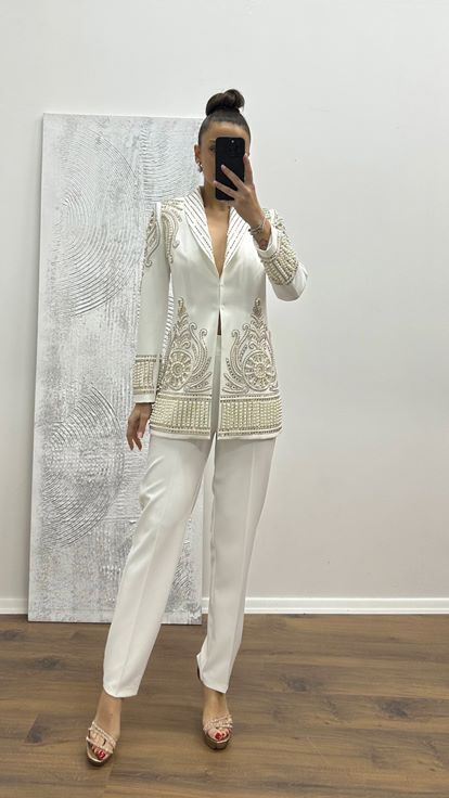 Beyaz İnci İşlemeli Abiye Takım