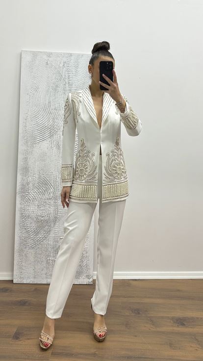 Beyaz İnci İşlemeli Abiye Takım