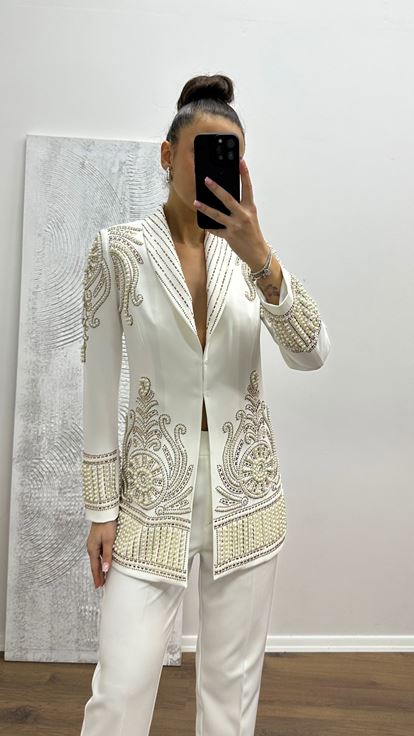 Beyaz İnci İşlemeli Abiye Takım