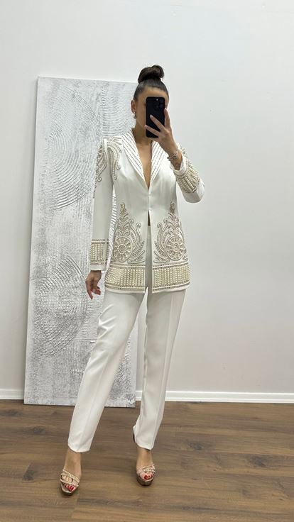 Beyaz İnci İşlemeli Abiye Takım