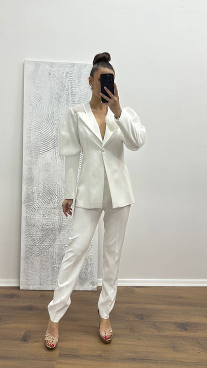 Weißes Abendkleid-Set mit Ballonärmeln