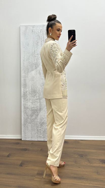 Bej İnci İşlemeli Abiye Takım