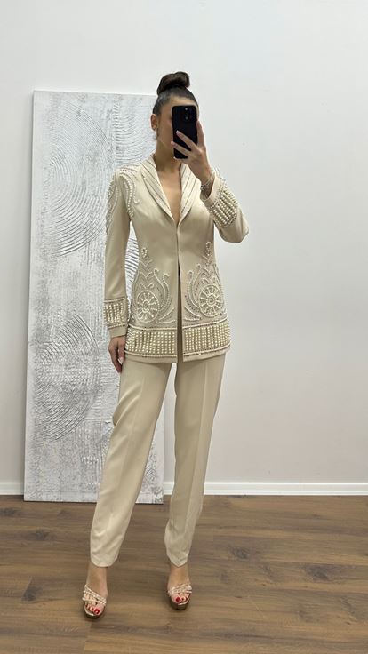 Bej İnci İşlemeli Abiye Takım
