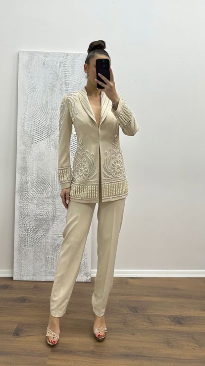 Bej İnci İşlemeli Abiye Takım