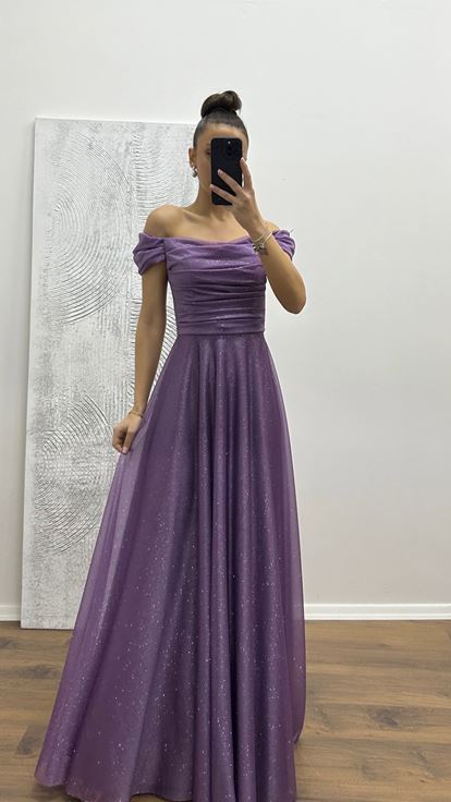 Lavanta Göğsü Drapeli Abiye Elbise