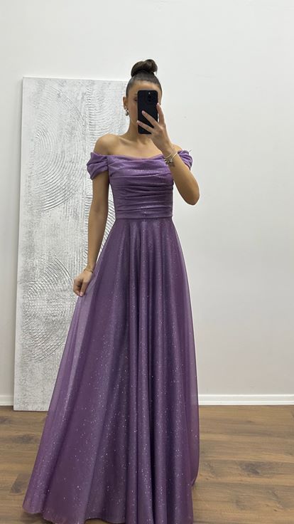 Lavanta Göğsü Drapeli Abiye Elbise