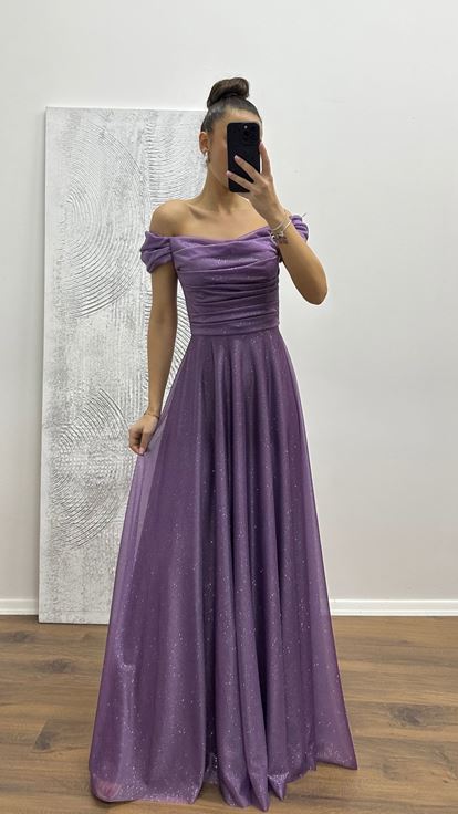 Lavanta Göğsü Drapeli Abiye Elbise