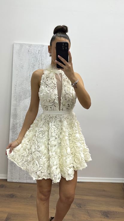 Ekru Boyundan Bağlamalı Kısa Tasarım Abiye Elbise