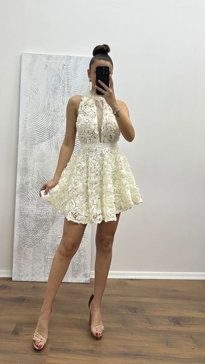 Ekru Boyundan Bağlamalı Kısa Tasarım Abiye Elbise