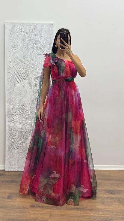 Fuchsia One-Shoulder-Tüll-Abendkleid