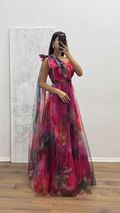 Fuchsia One-Shoulder-Tüll-Abendkleid