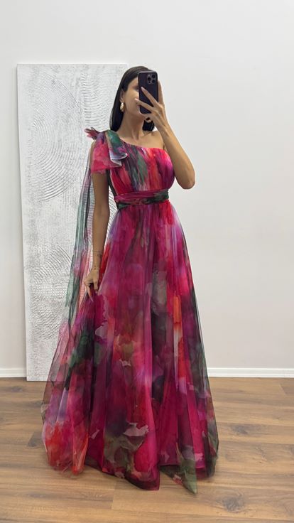 Fuchsia One-Shoulder-Tüll-Abendkleid