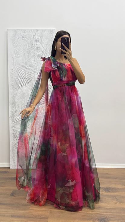 Fuchsia One-Shoulder-Tüll-Abendkleid