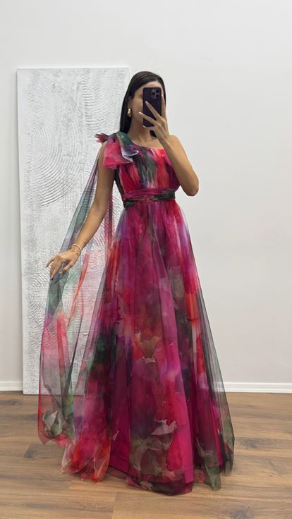 Fuchsia One-Shoulder-Tüll-Abendkleid