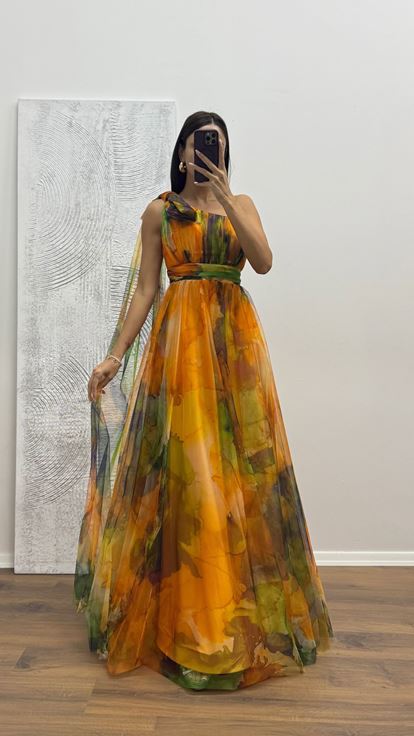 Sarı Tek Omuz Tül Abiye Elbise