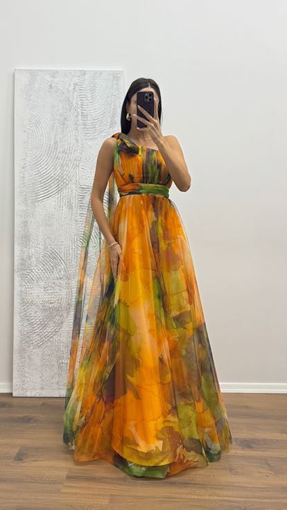 Sarı Tek Omuz Tül Abiye Elbise