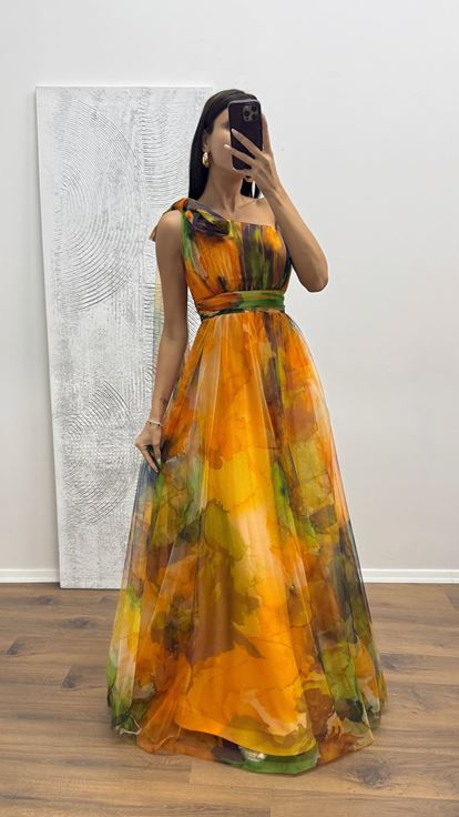 Sarı Tek Omuz Tül Abiye Elbise