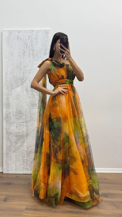 Sarı Tek Omuz Tül Abiye Elbise