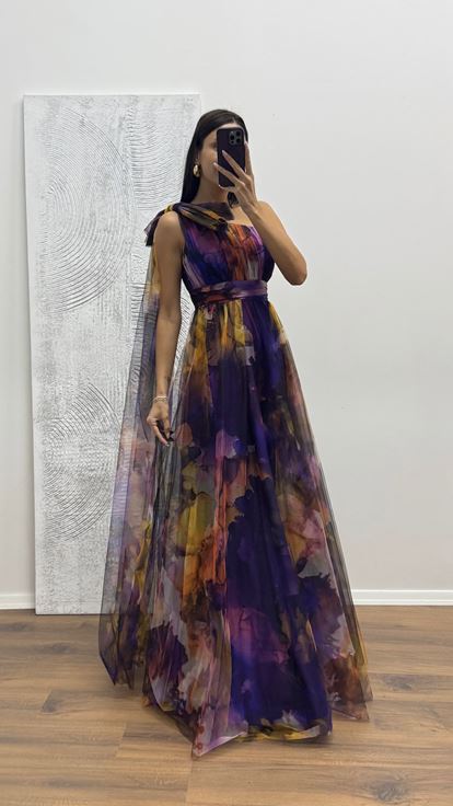 Lila One-Shoulder-Tüll-Abendkleid