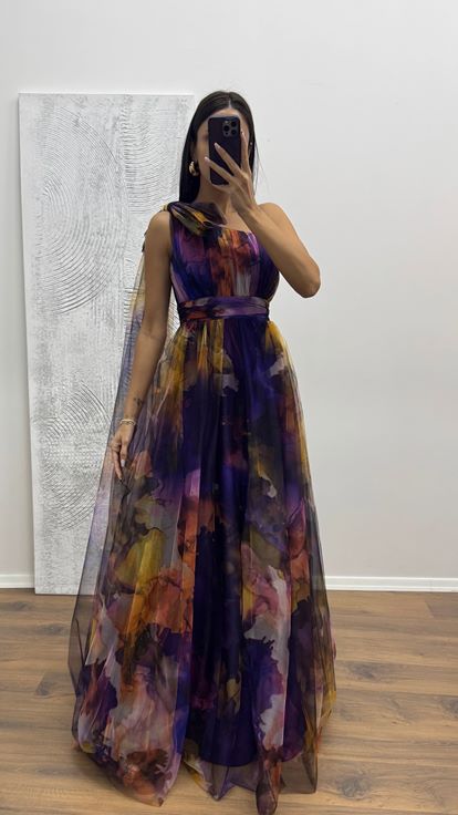 Lila One-Shoulder-Tüll-Abendkleid