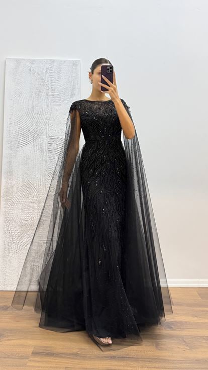 Siyah Tül İşlemeli Abiye Elbise